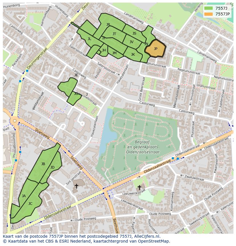 Afbeelding van het postcodegebied 7557 JP op de kaart.