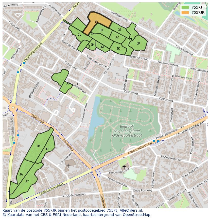 Afbeelding van het postcodegebied 7557 JR op de kaart.