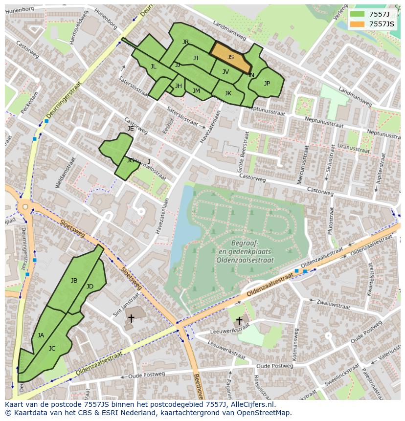 Afbeelding van het postcodegebied 7557 JS op de kaart.