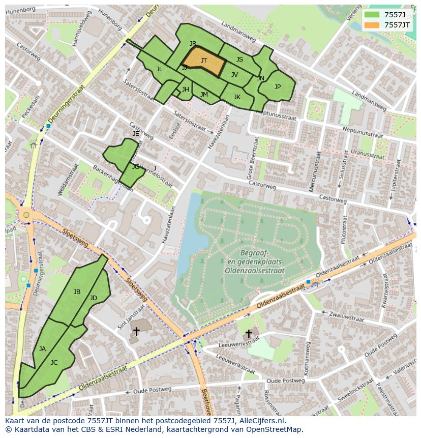 Afbeelding van het postcodegebied 7557 JT op de kaart.