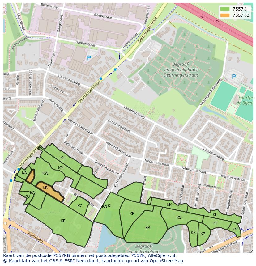 Afbeelding van het postcodegebied 7557 KB op de kaart.