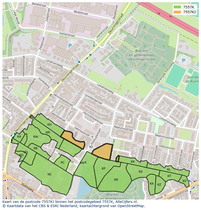 Afbeelding van het postcodegebied 7557 KJ op de kaart.