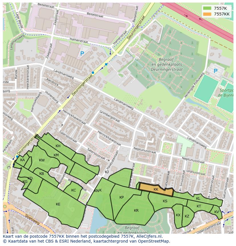 Afbeelding van het postcodegebied 7557 KK op de kaart.