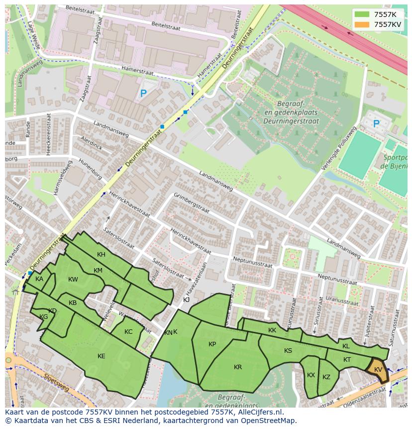 Afbeelding van het postcodegebied 7557 KV op de kaart.