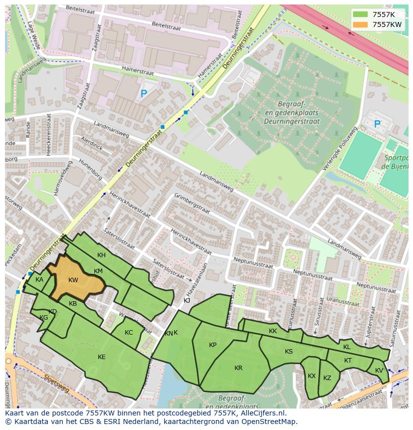 Afbeelding van het postcodegebied 7557 KW op de kaart.