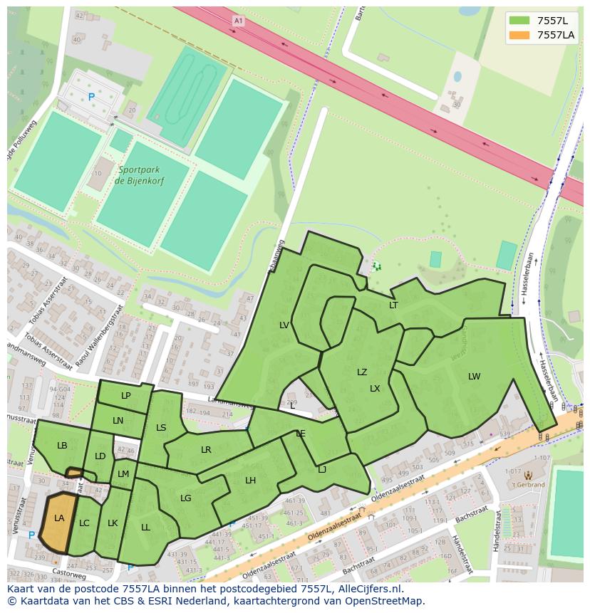 Afbeelding van het postcodegebied 7557 LA op de kaart.