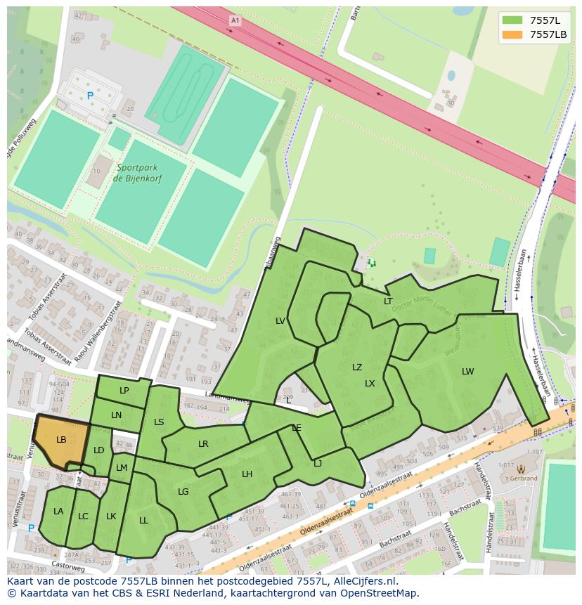 Afbeelding van het postcodegebied 7557 LB op de kaart.