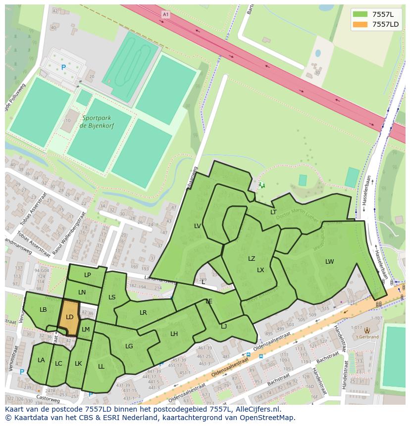 Afbeelding van het postcodegebied 7557 LD op de kaart.