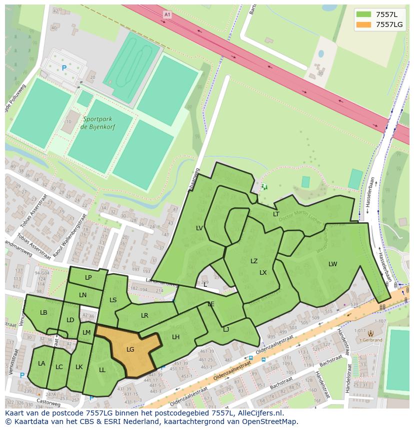 Afbeelding van het postcodegebied 7557 LG op de kaart.