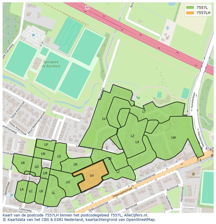 Afbeelding van het postcodegebied 7557 LH op de kaart.