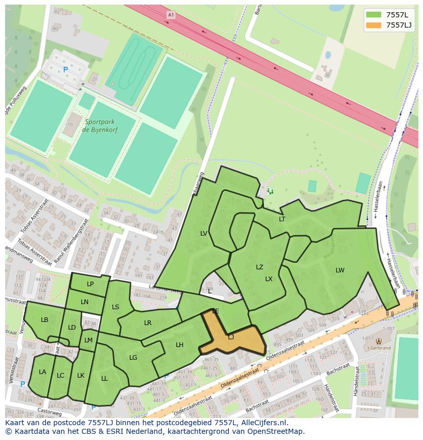 Afbeelding van het postcodegebied 7557 LJ op de kaart.