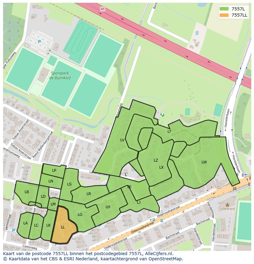 Afbeelding van het postcodegebied 7557 LL op de kaart.