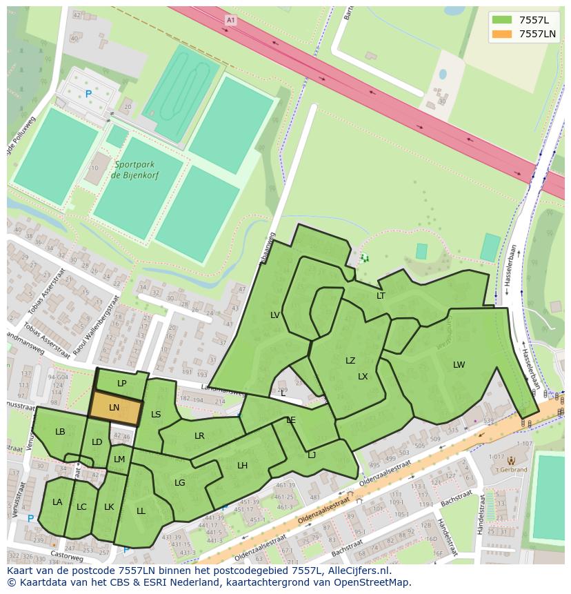 Afbeelding van het postcodegebied 7557 LN op de kaart.