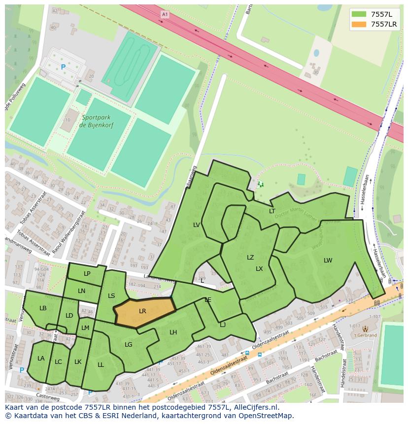 Afbeelding van het postcodegebied 7557 LR op de kaart.