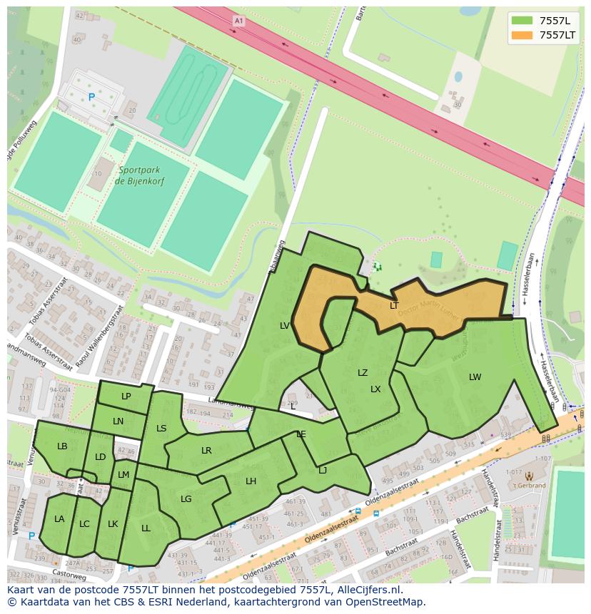 Afbeelding van het postcodegebied 7557 LT op de kaart.