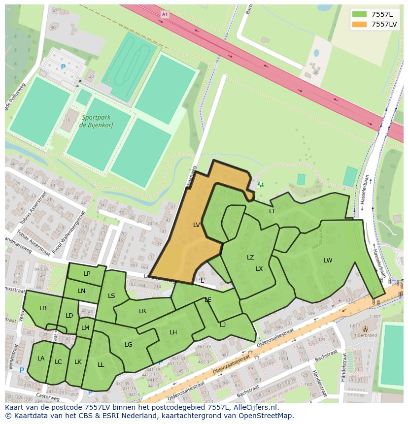 Afbeelding van het postcodegebied 7557 LV op de kaart.