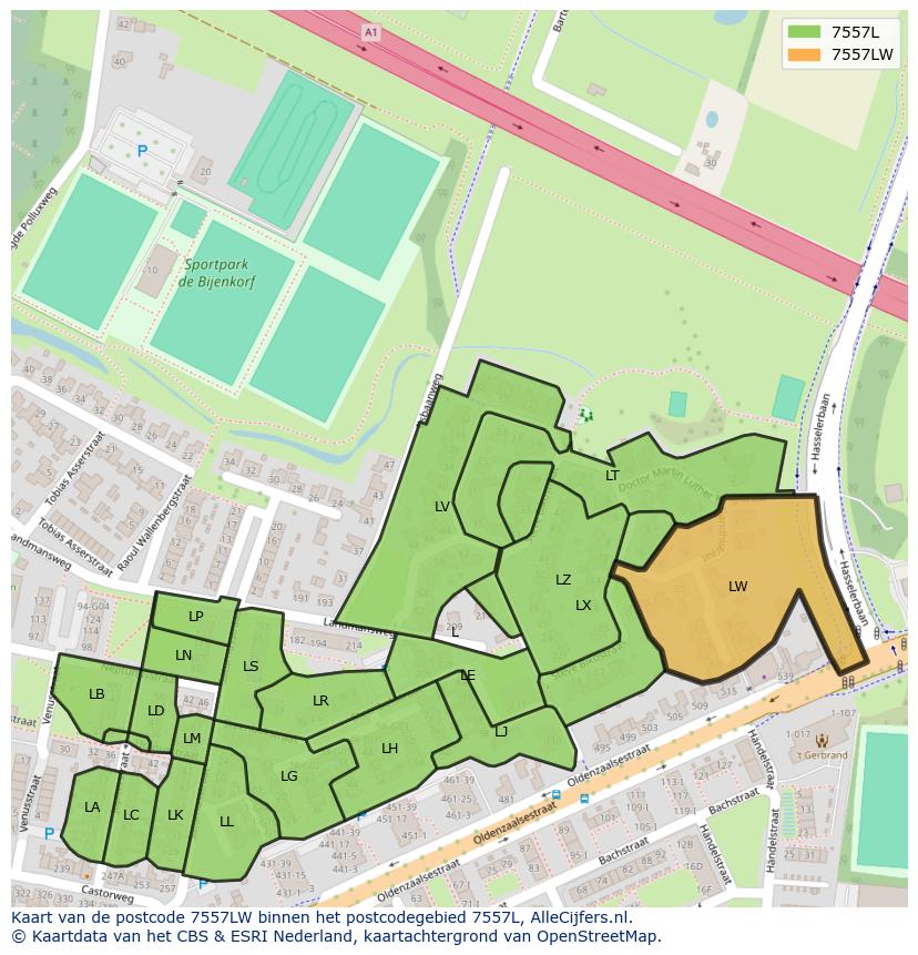 Afbeelding van het postcodegebied 7557 LW op de kaart.