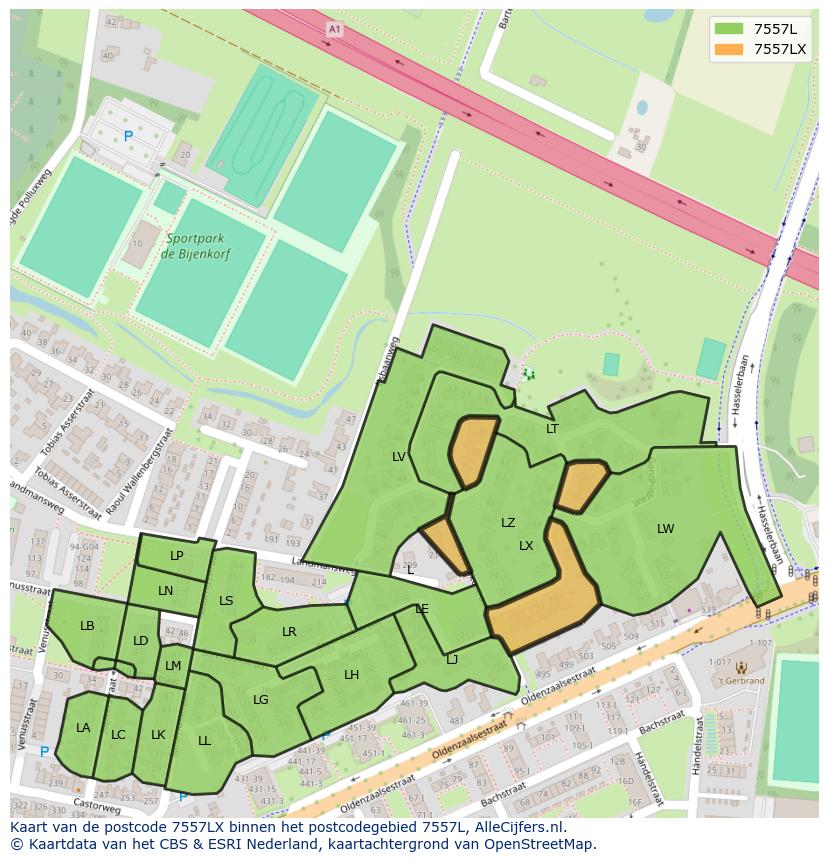 Afbeelding van het postcodegebied 7557 LX op de kaart.