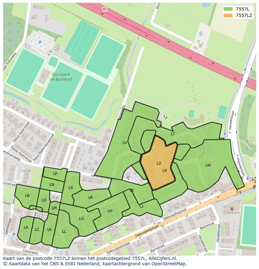 Afbeelding van het postcodegebied 7557 LZ op de kaart.