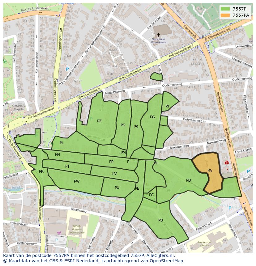 Afbeelding van het postcodegebied 7557 PA op de kaart.