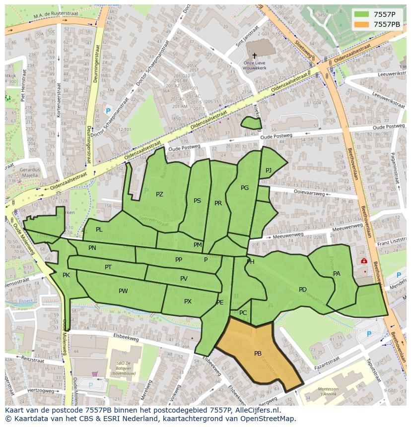 Afbeelding van het postcodegebied 7557 PB op de kaart.