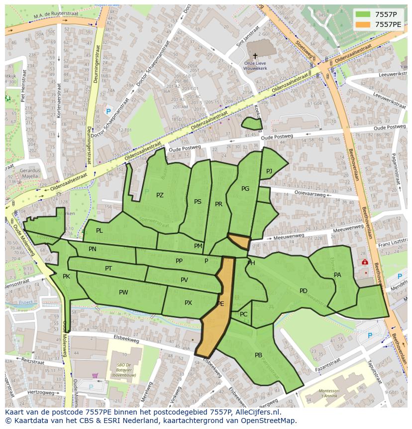 Afbeelding van het postcodegebied 7557 PE op de kaart.