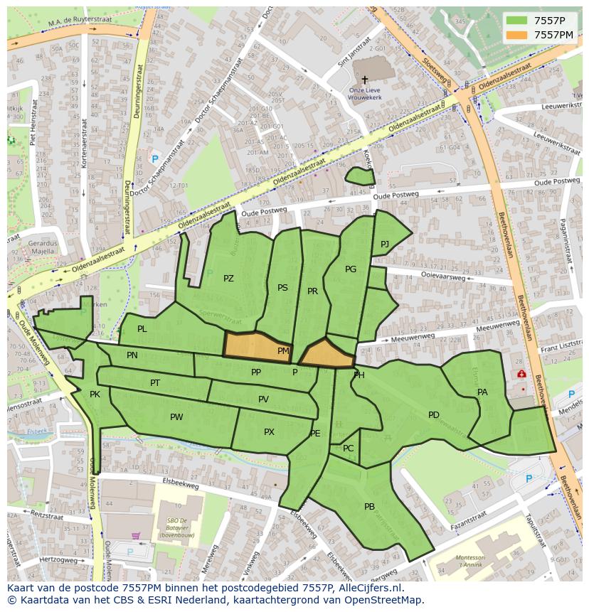 Afbeelding van het postcodegebied 7557 PM op de kaart.