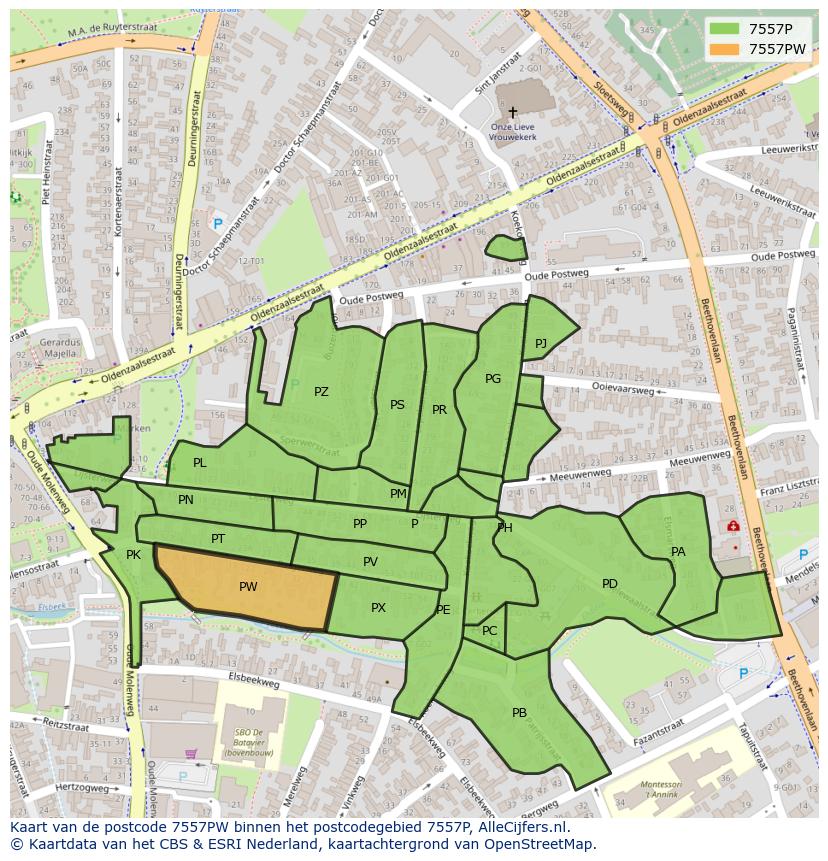Afbeelding van het postcodegebied 7557 PW op de kaart.