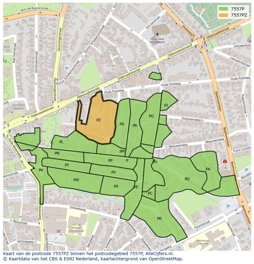 Afbeelding van het postcodegebied 7557 PZ op de kaart.