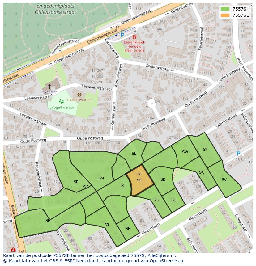 Afbeelding van het postcodegebied 7557 SE op de kaart.