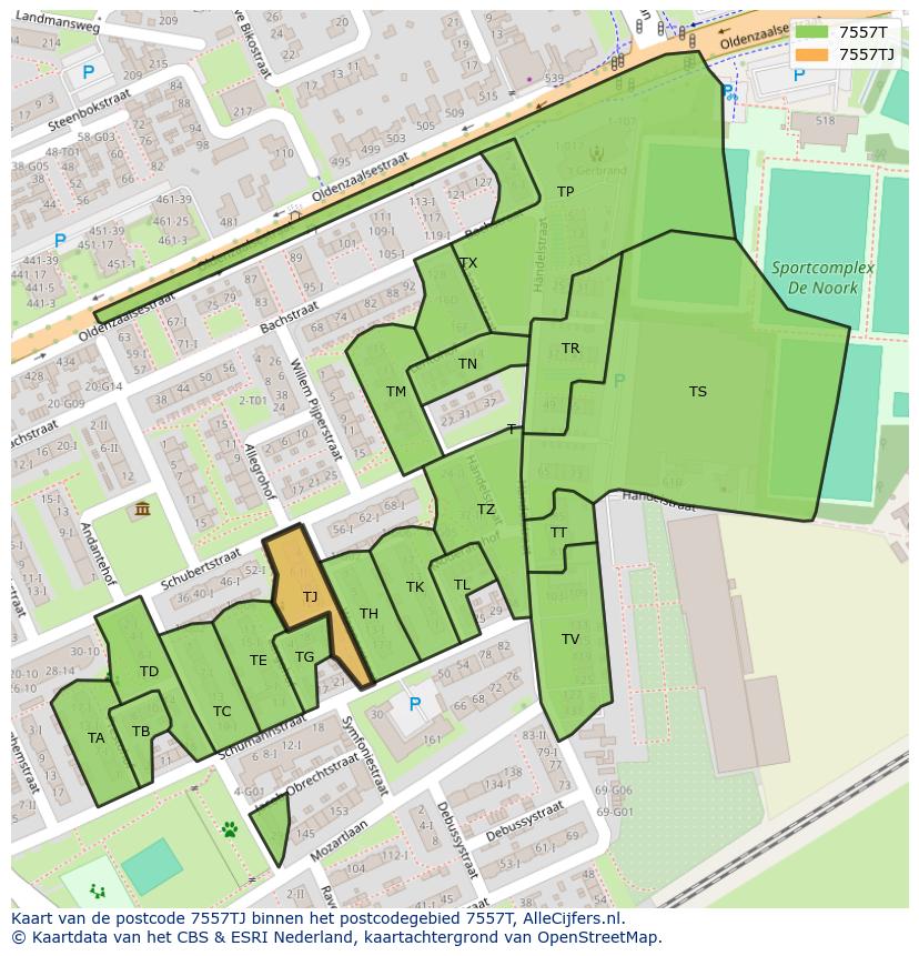 Afbeelding van het postcodegebied 7557 TJ op de kaart.