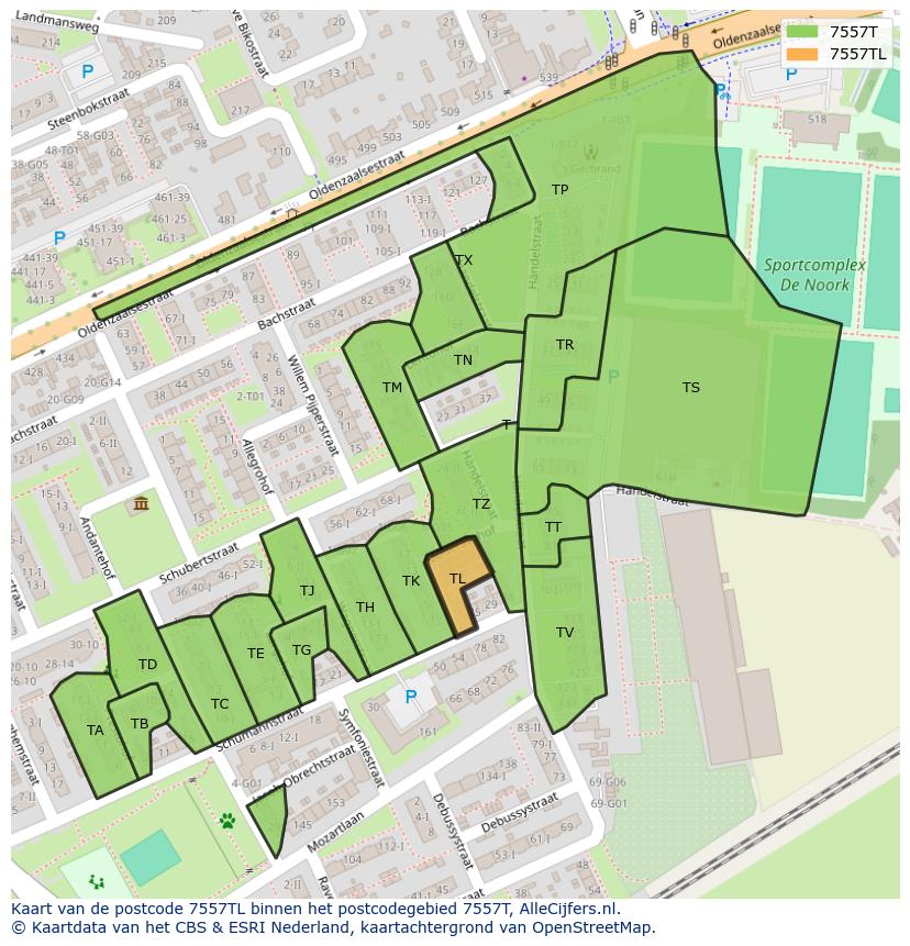 Afbeelding van het postcodegebied 7557 TL op de kaart.