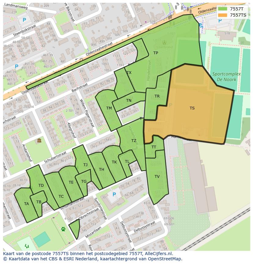 Afbeelding van het postcodegebied 7557 TS op de kaart.