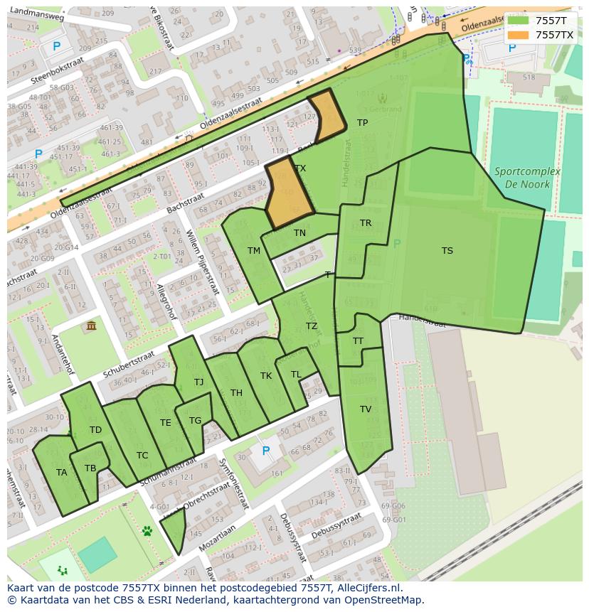 Afbeelding van het postcodegebied 7557 TX op de kaart.