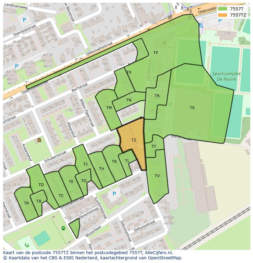 Afbeelding van het postcodegebied 7557 TZ op de kaart.