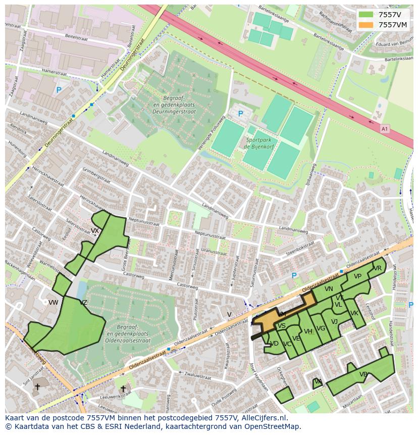 Afbeelding van het postcodegebied 7557 VM op de kaart.