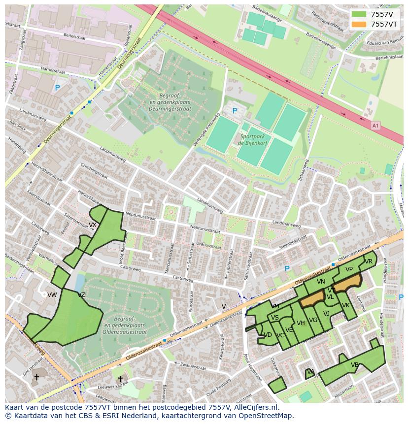 Afbeelding van het postcodegebied 7557 VT op de kaart.