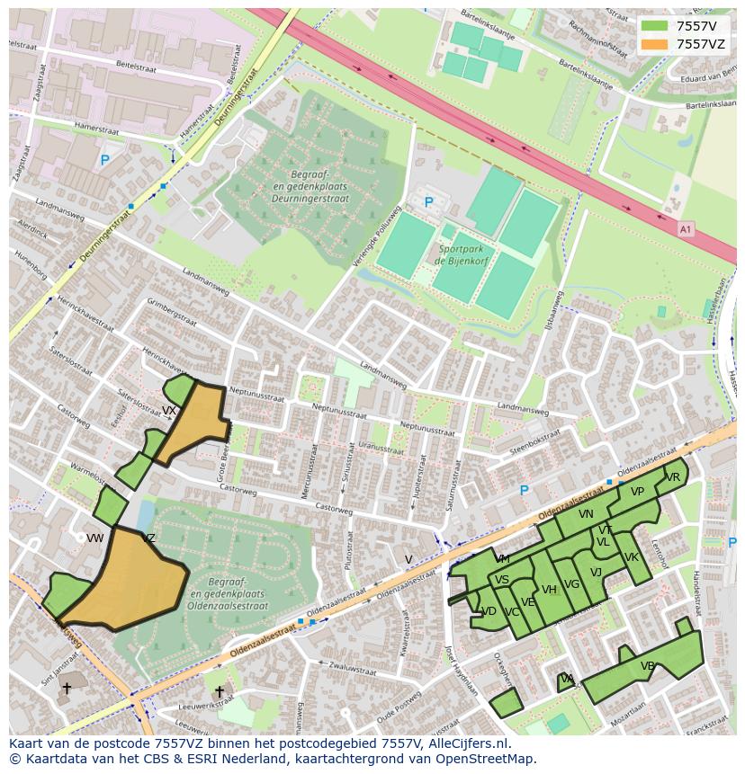 Afbeelding van het postcodegebied 7557 VZ op de kaart.