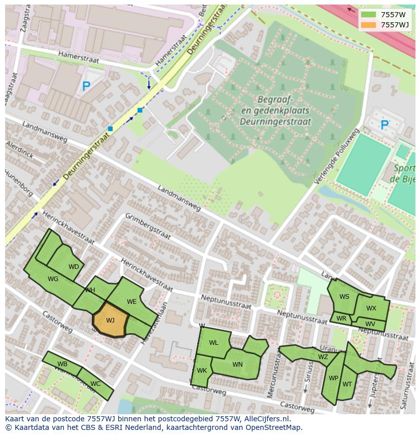 Afbeelding van het postcodegebied 7557 WJ op de kaart.