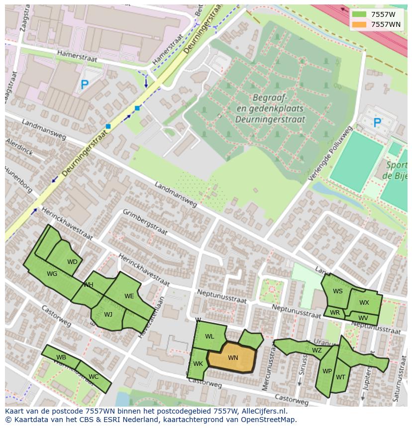 Afbeelding van het postcodegebied 7557 WN op de kaart.