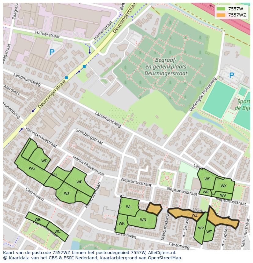 Afbeelding van het postcodegebied 7557 WZ op de kaart.