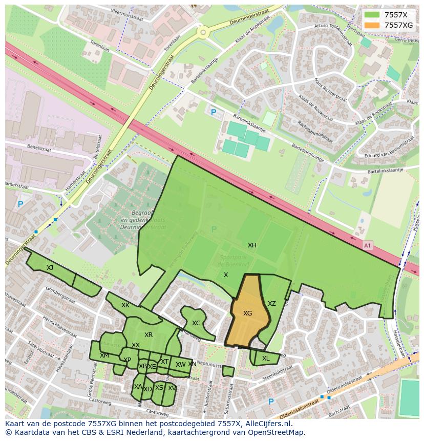 Afbeelding van het postcodegebied 7557 XG op de kaart.
