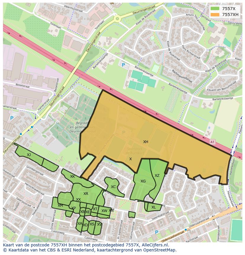 Afbeelding van het postcodegebied 7557 XH op de kaart.