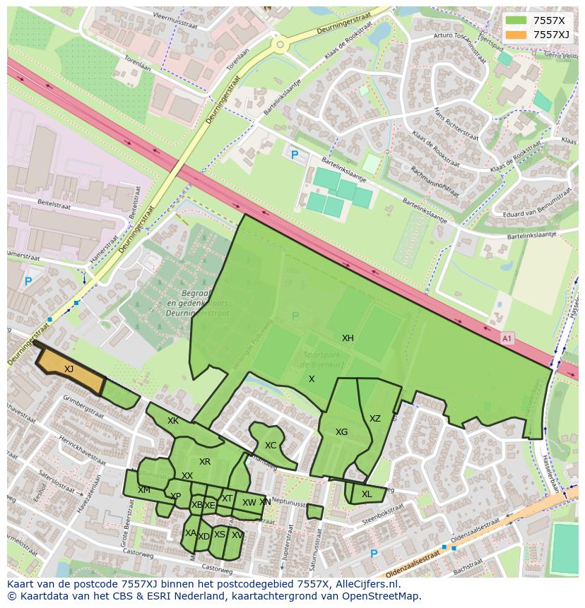 Afbeelding van het postcodegebied 7557 XJ op de kaart.