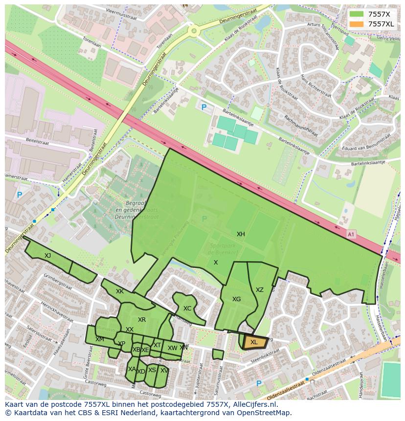 Afbeelding van het postcodegebied 7557 XL op de kaart.