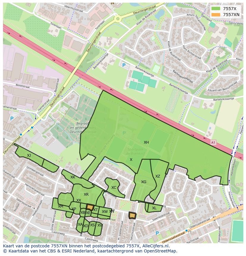 Afbeelding van het postcodegebied 7557 XN op de kaart.