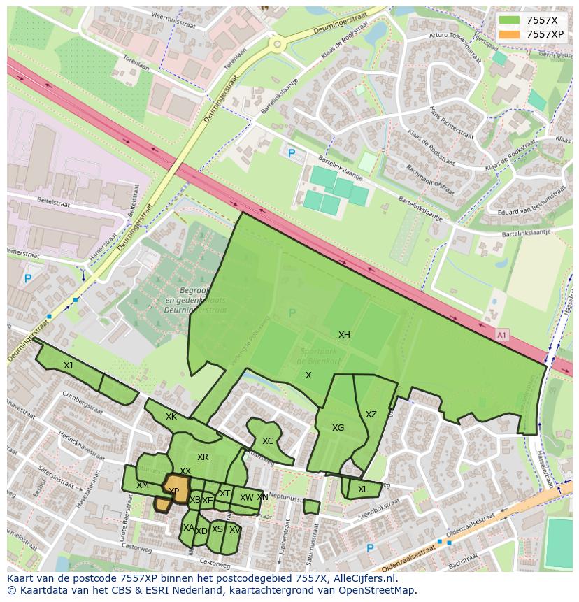 Afbeelding van het postcodegebied 7557 XP op de kaart.