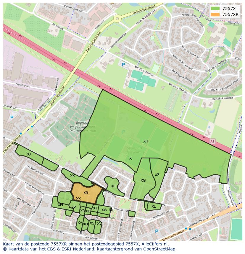 Afbeelding van het postcodegebied 7557 XR op de kaart.