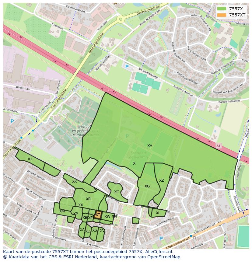 Afbeelding van het postcodegebied 7557 XT op de kaart.