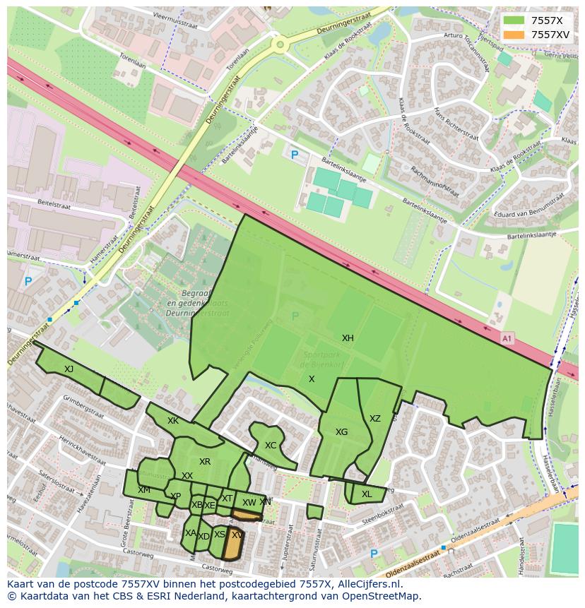 Afbeelding van het postcodegebied 7557 XV op de kaart.